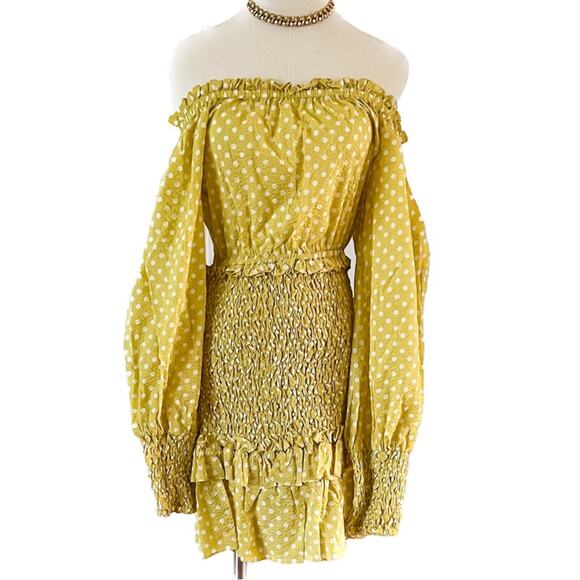 Alexis Marilena Smocked Polka Dot Off Shoulder Mini Dress yellow size large L - Picture 4 of 10